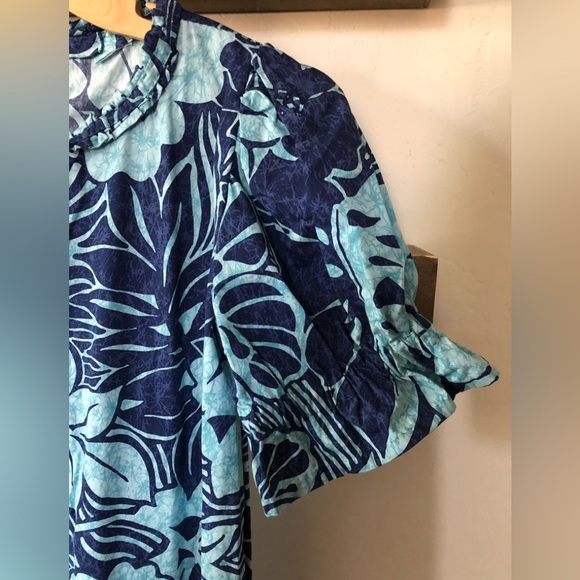 Hand made cotton Maxi-Midi floral tropical dress in torqoise blue•Fits like Med - Picture 5 of 12